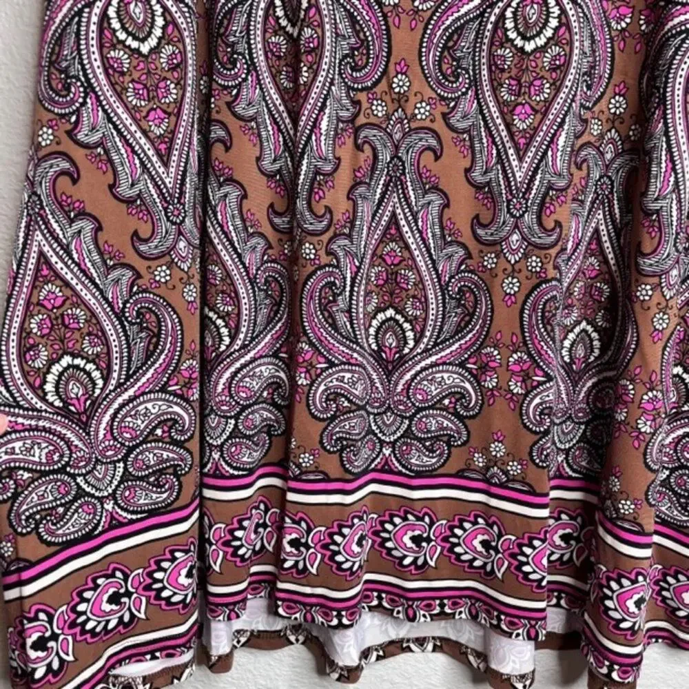 Bob Mackie Paisley Midi Skirt L Boho Chic Stretch Pull-On Pink Brown